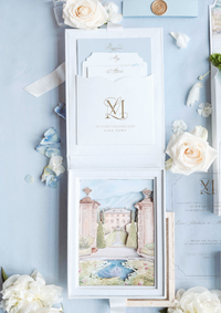 3D Luxury Velvet Hard Back Boxed & Ribbon Invitation with Gold Foil Venue | Bespoke Commission L&M , Villa Balbiano, Lake Como