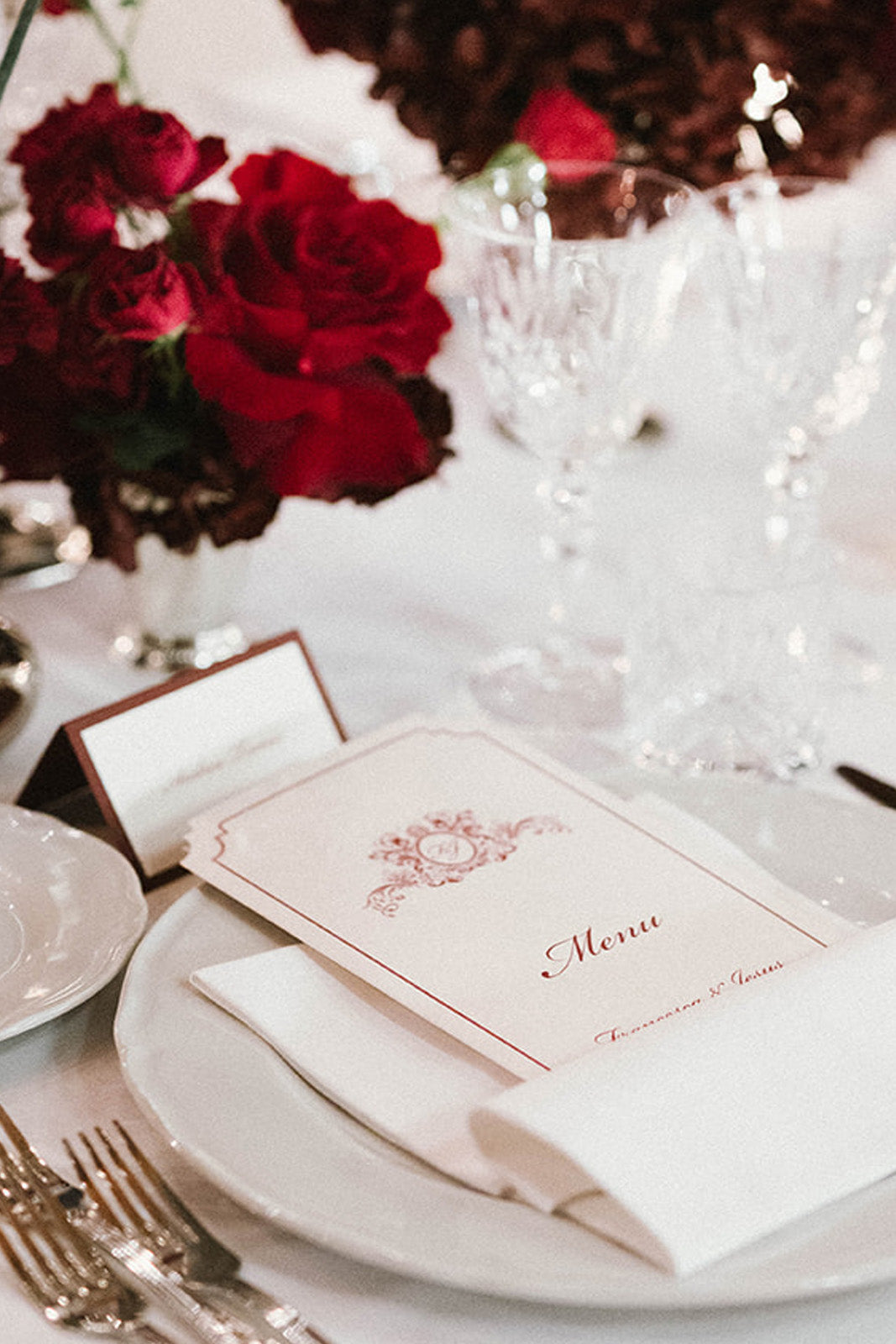 Villa Erba | Custom Deckled Wedding Menu & Place Cards in Deep Red & Burgundy with Monogram |  Lake Como, Italy | F&J
