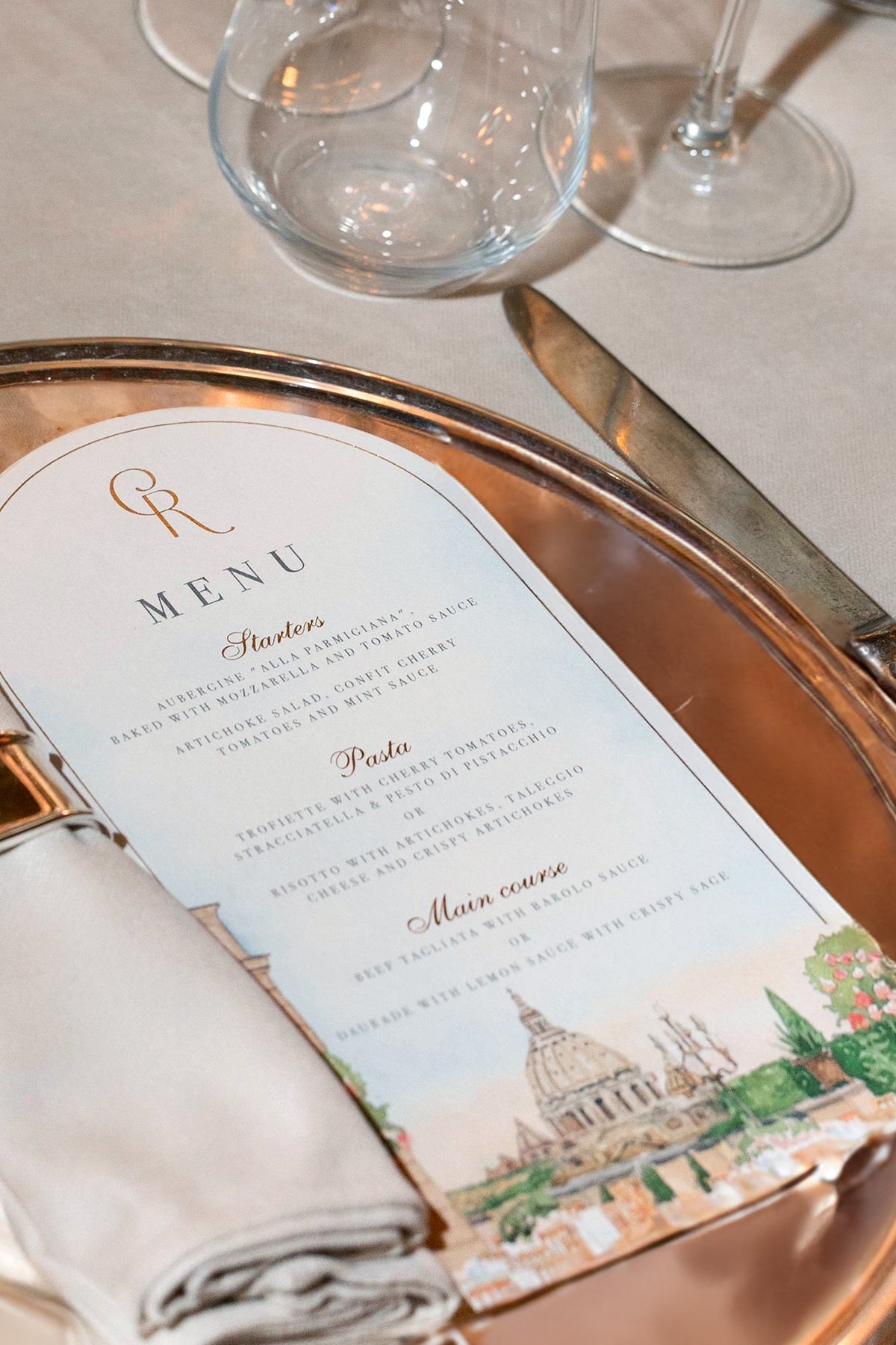 Arch Plate Menu Design with Venue Watercolor | Villa Miani, Rome