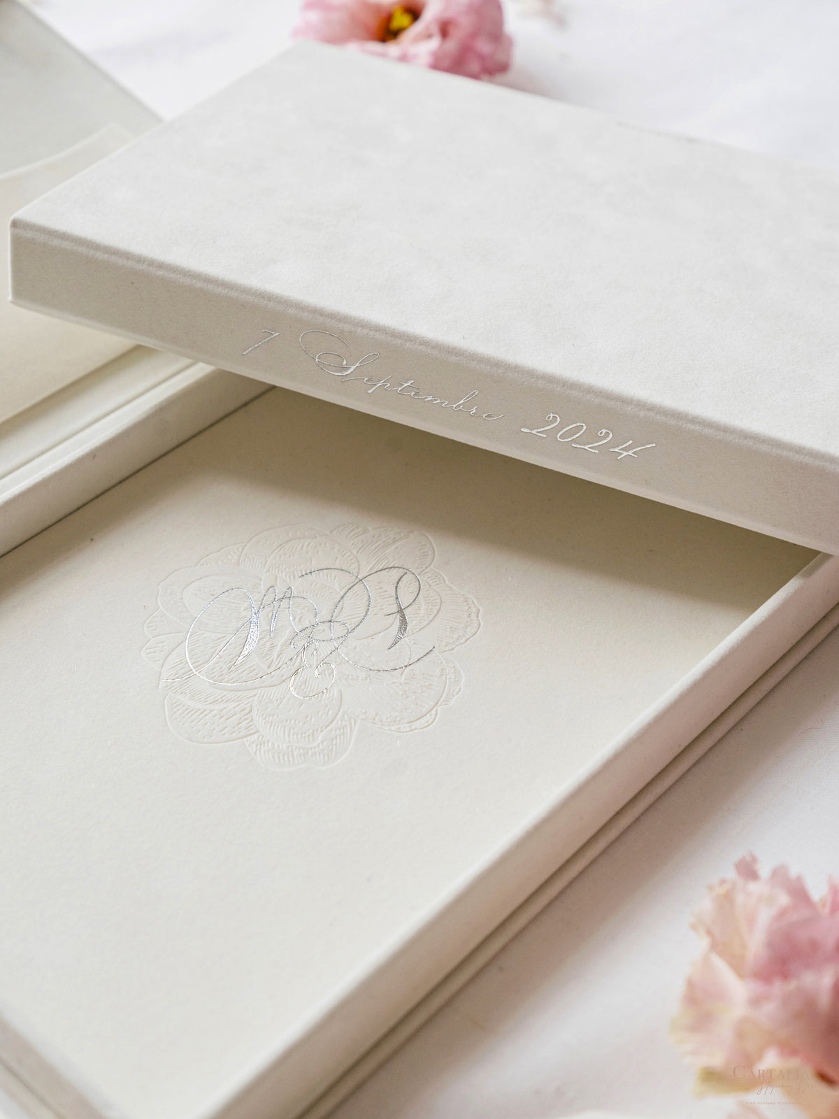 Luxury Velvet Hard Back Box Ivory Invitation | Bespoke Commission M&P