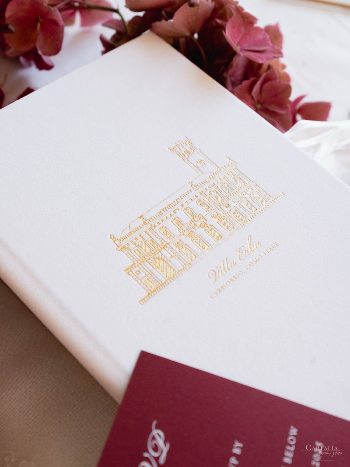 Villa Erba | Luxury Velvet Hard Back Folio Invitation with Gold Foil and Ribbon in White Velvet with Custom Venue |  Lake Como, Italy | F&J (Copy)
