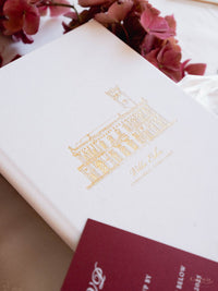 Villa Erba | Luxury Velvet Hard Back Folio Invitation with Gold Foil and Ribbon in White Velvet with Custom Venue |  Lake Como, Italy | F&J (Copy)
