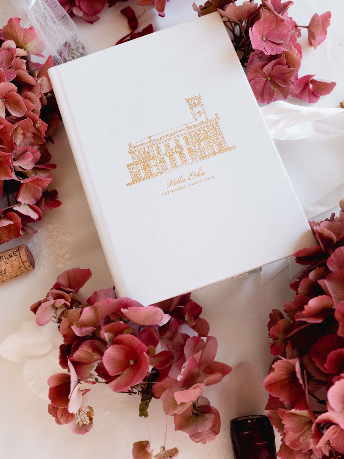 Villa Erba | Luxury Velvet Hard Back Folio Invitation with Gold Foil and Ribbon in White Velvet with Custom Venue |  Lake Como, Italy | F&J (Copy)