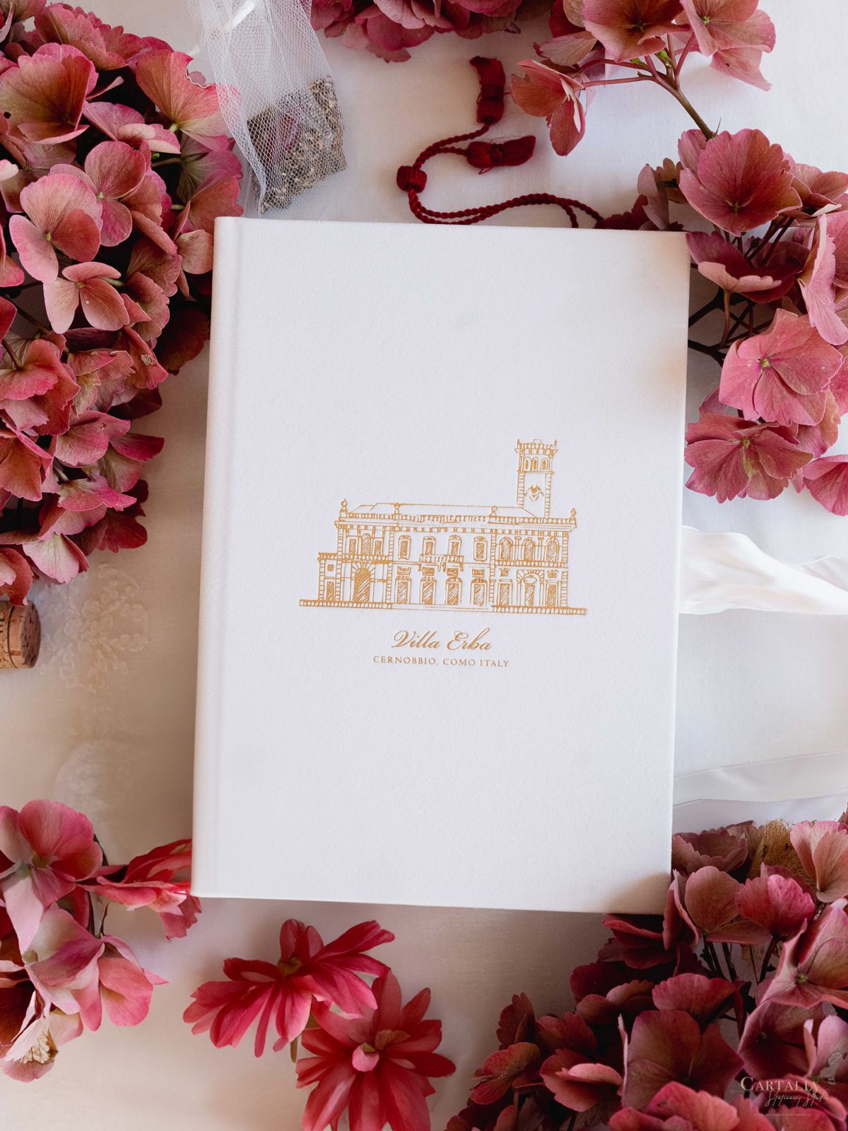 Villa Erba | Luxury Velvet Hard Back Folio Invitation with Gold Foil and Ribbon in White Velvet with Custom Venue |  Lake Como, Italy | F&J (Copy)