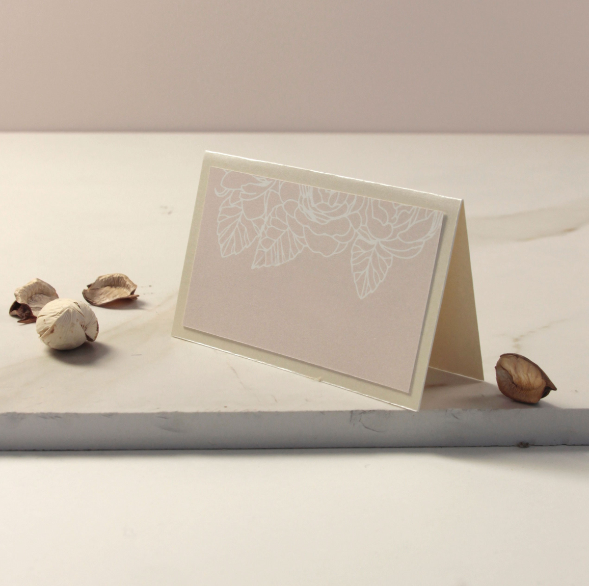 Filigree Roses, Champagne With Dusty Rose and White Calligraphy Place card