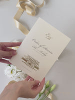 Order Of Service with Bespoke Venue Sketch In Gold Foil