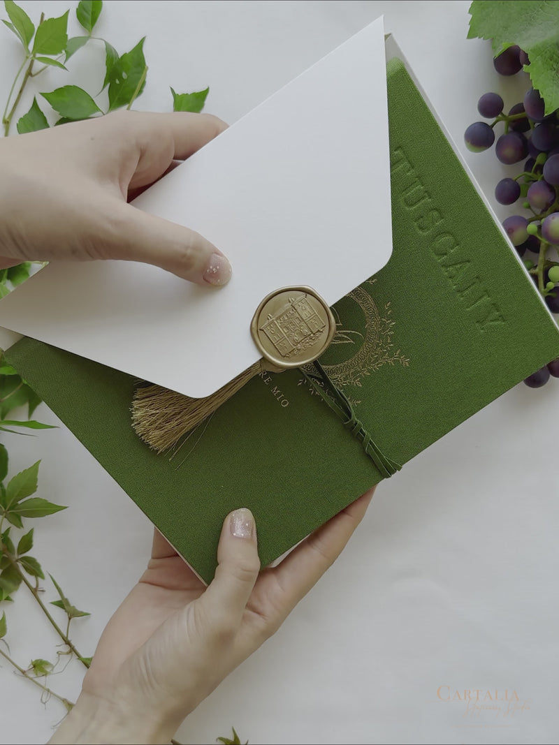 Luxury Linen Hard Back Folio Invitation with Gold Foil, Tassel and Wax ...