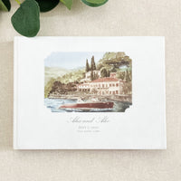 Personalized White Velvet Wedding Guest Book with Your Custom Venue Watercolour | Villa Pizzo, Lake Como