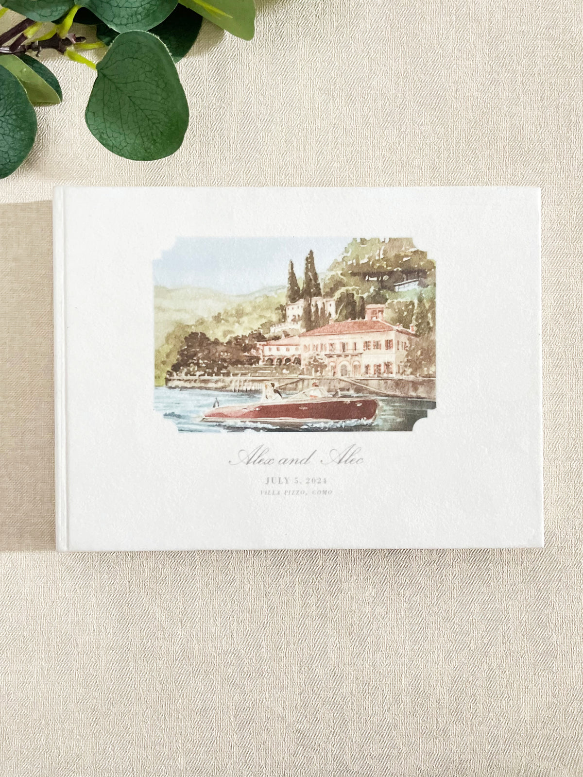 Personalized White Velvet Wedding Guest Book with Your Custom Venue Watercolour | Villa Pizzo, Lake Como