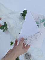 Vellum/ Parchment Layer and Silver Bolt Evening Invitation with Eucalyptus Silver Mirror Plexi Hexagon Tag