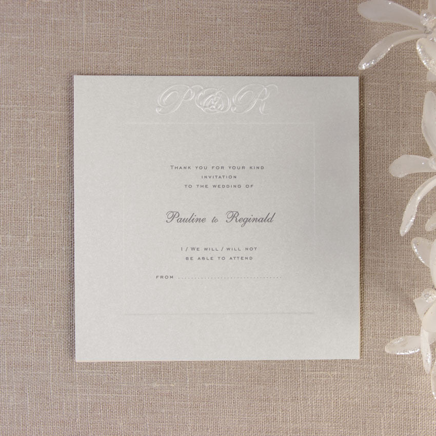 Luxury Embossed Metallic White Save the Date / Thank You / Reply Card With Foil and Sunk Border