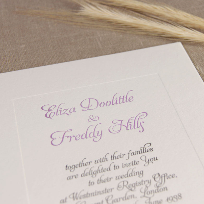 Embossed Letterpress Lilac Frame Evening Wedding Invitation