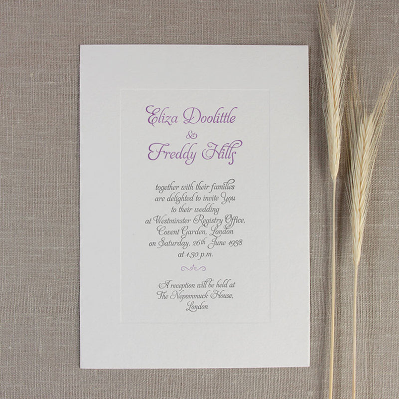 Embossed Letterpress Lilac Frame Evening Wedding Invitation