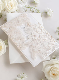 Intricate Laser Cut Roses Detail with Pearl Foil Belly Band Style Wrap Wedding Day Invitation