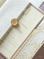 Luxury Vintage Gold Ornamental Gate Laser Cut Day Invitation with Vellum with Wax Seal