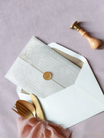 Luxury Vintage Gold Ornamental Gate Laser Cut Day Invitation with Vellum with Wax Seal