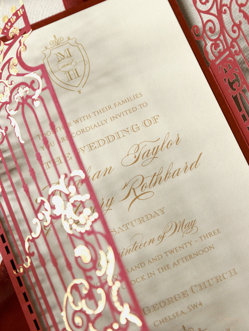 Stunning Marsala Ornamental Gate Laser Cut Wedding Day Invitation with Gold Foil