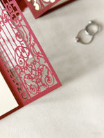 Stunning Marsala Ornamental Gate Laser Cut Wedding Day Invitation with Gold Foil