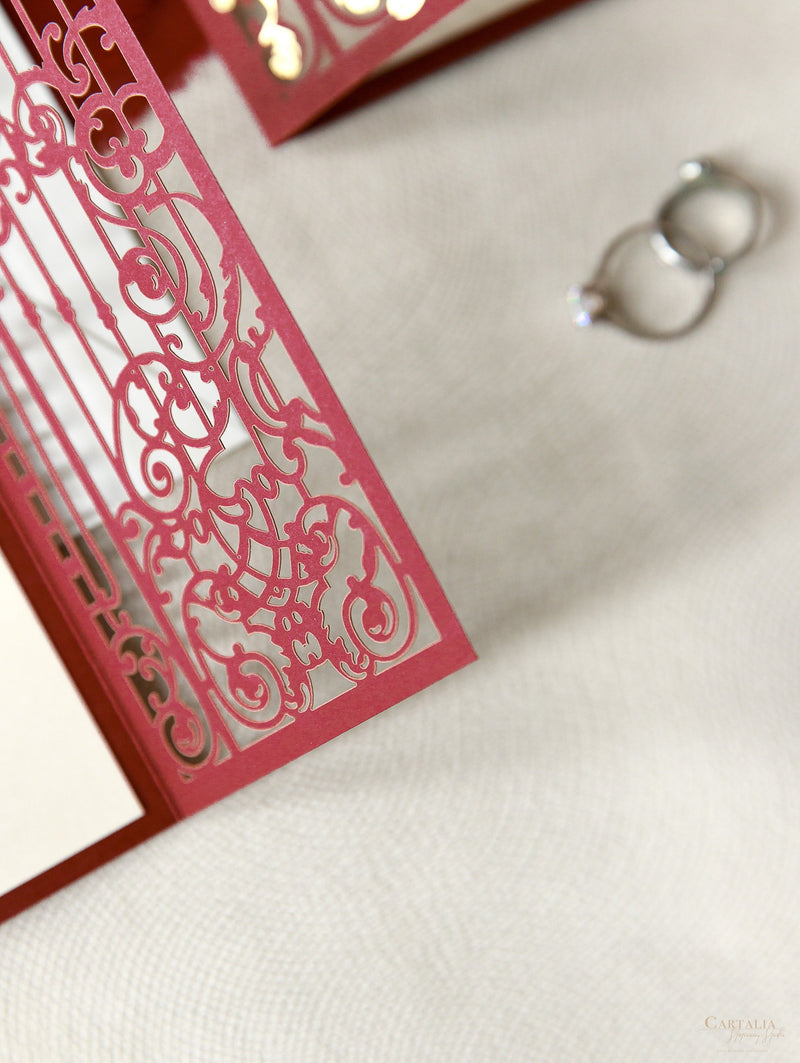 Stunning Marsala Ornamental Gate Laser Cut Wedding Day Invitation with Gold Foil