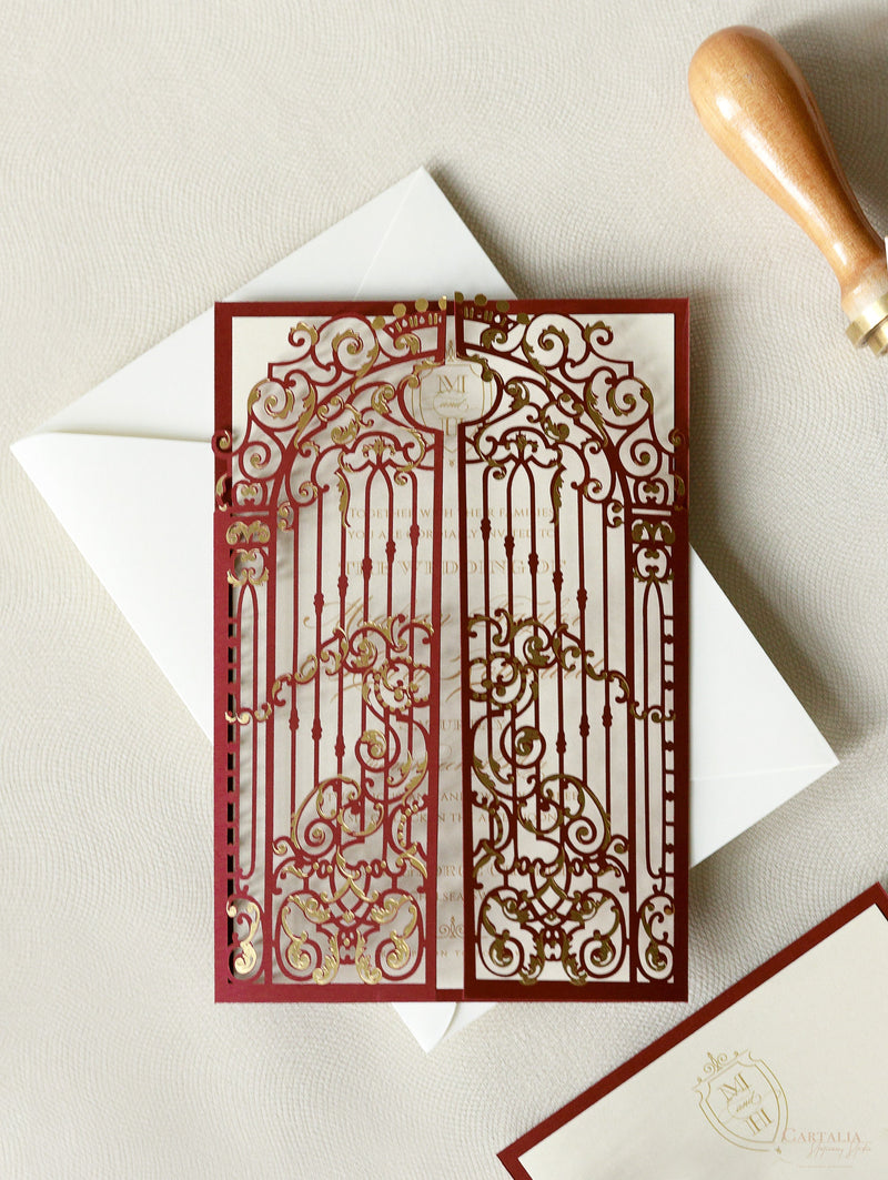 Stunning Marsala Ornamental Gate Laser Cut Wedding Day Invitation with Gold Foil