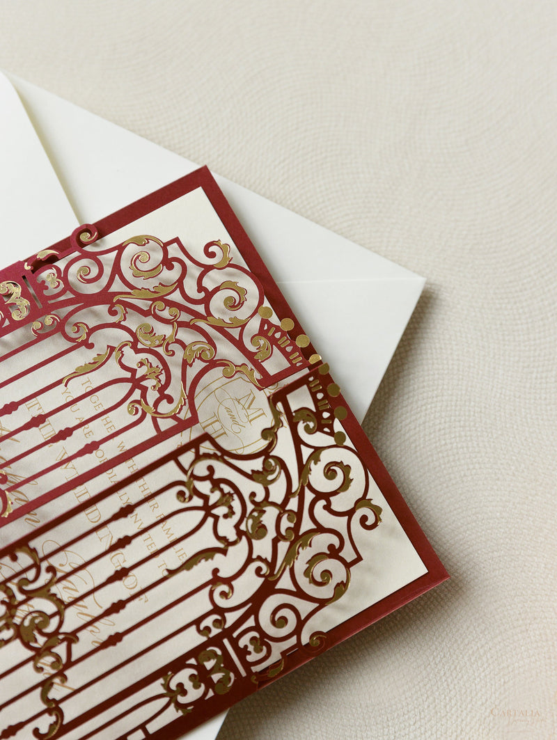Stunning Marsala Ornamental Gate Laser Cut Wedding Day Invitation with Gold Foil