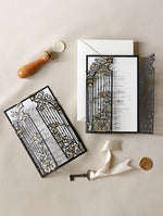 Elegant Black Ornamental Gate Laser Cut Wedding Day Invitation with Real Gold Foil