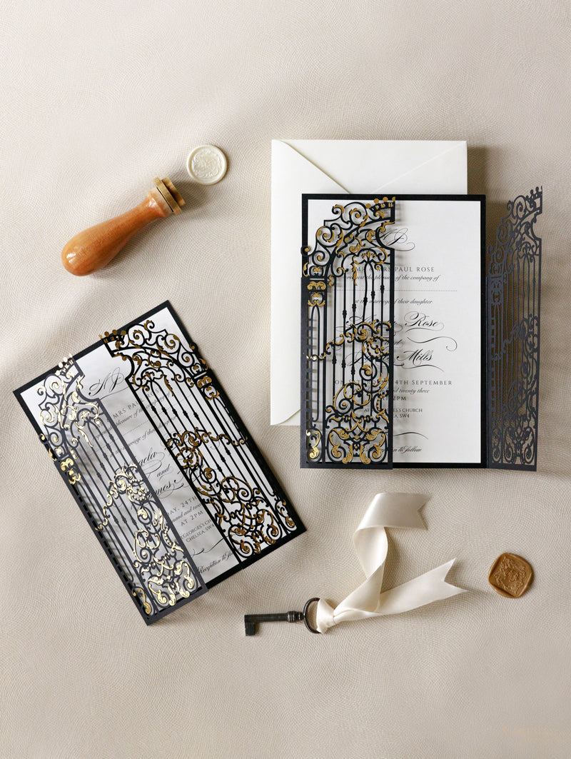 Elegant Black Ornamental Gate Laser Cut Wedding Day Invitation with Real Gold Foil