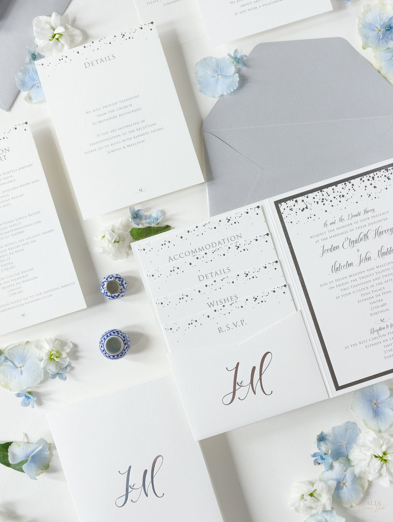 Silver Foil Confetti Dotted Wedding Invitation Suite Foil Monogram, RSVP + Envelopes