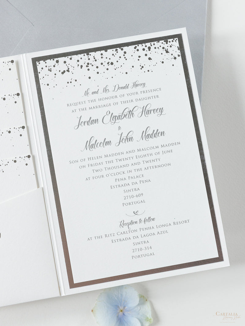 Silver Foil Confetti Dotted Wedding Invitation Suite Foil Monogram, RSVP + Envelopes