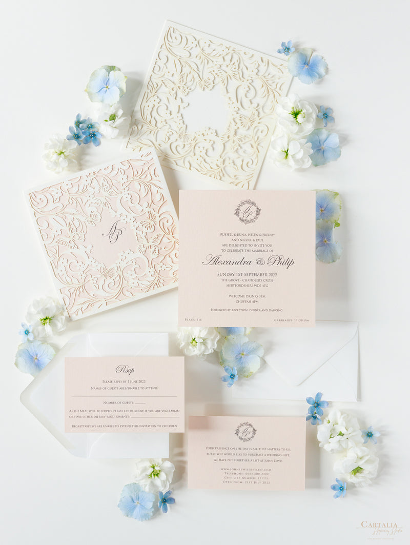 Magic Garden Butterfly Laser cut Pull out folder in Ivory and Blush Metallic Colours with Rsvp