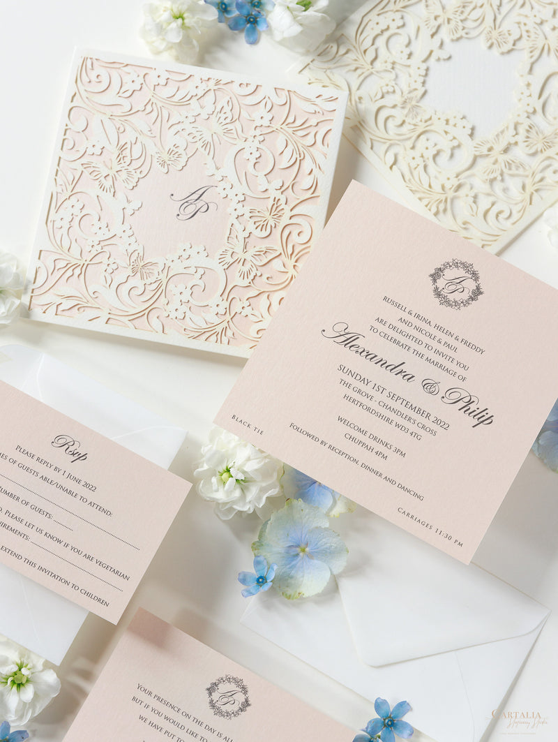 Magic Garden Butterfly Laser cut Pull out folder in Ivory and Blush Metallic Colours with Rsvp
