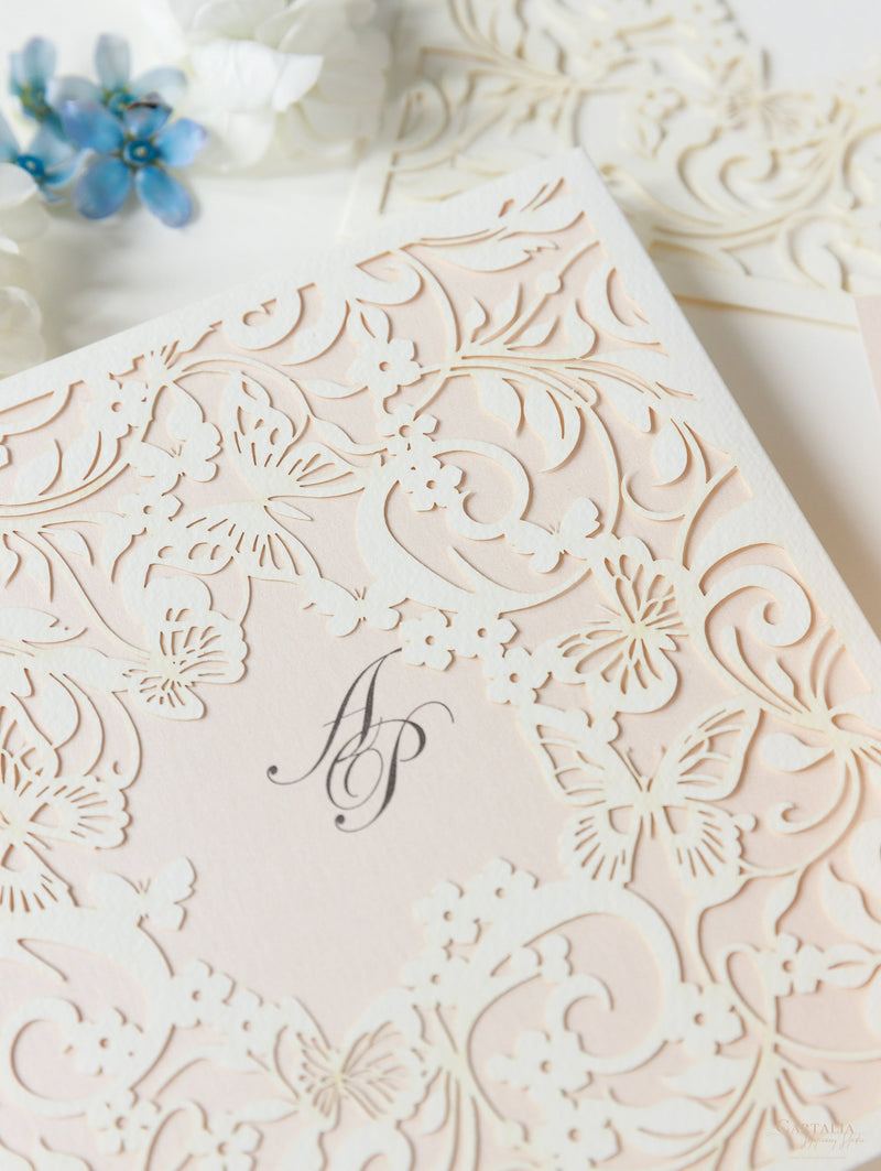 Magic Garden Butterfly Laser cut Pull out folder in Ivory and Blush Metallic Colours with Rsvp
