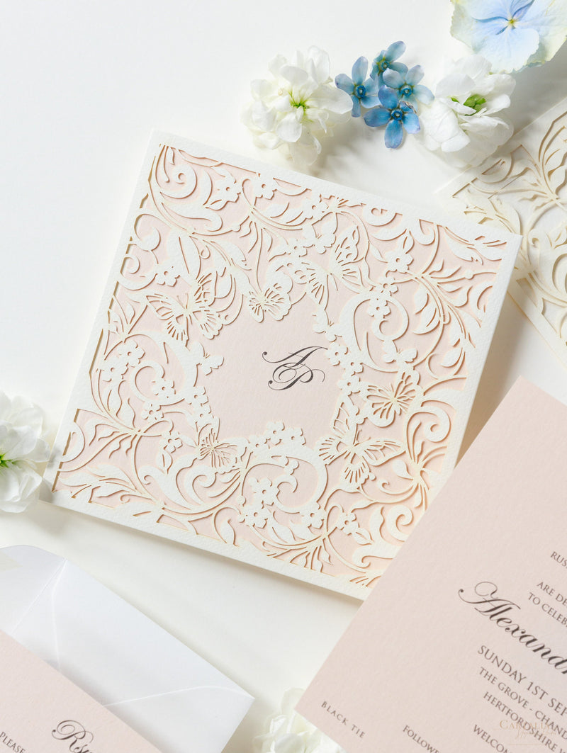 Magic Garden Butterfly Laser cut Pull out folder in Ivory and Blush Metallic Colours with Rsvp