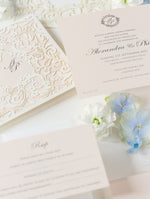 Magic Garden Butterfly Laser cut Pull out folder in Ivory and Blush Metallic Colours with Rsvp