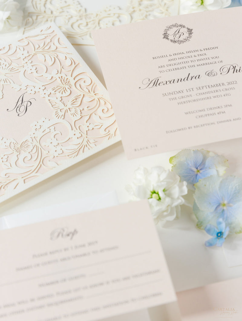 Magic Garden Butterfly Laser cut Pull out folder in Ivory and Blush Metallic Colours with Rsvp