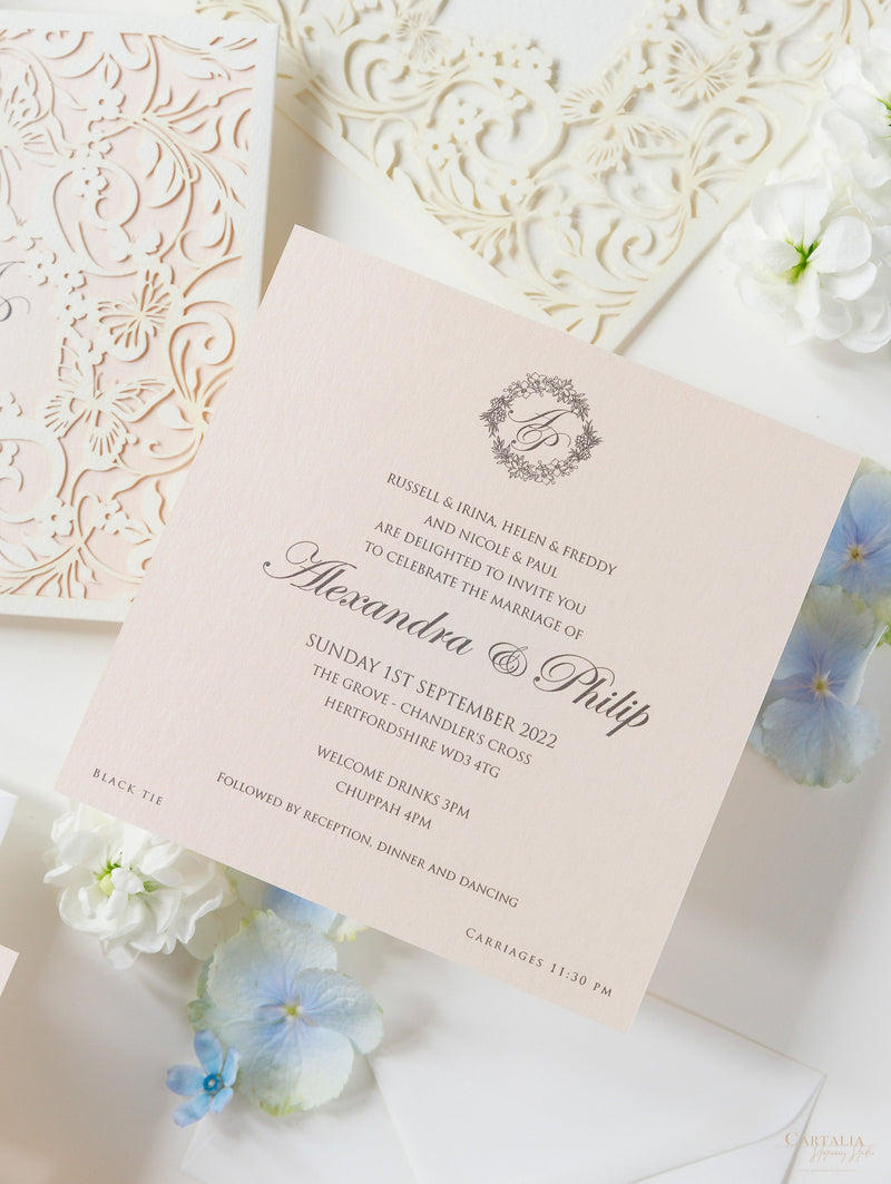 Magic Garden Butterfly Laser cut Pull out folder in Ivory and Blush Metallic Colours with Rsvp