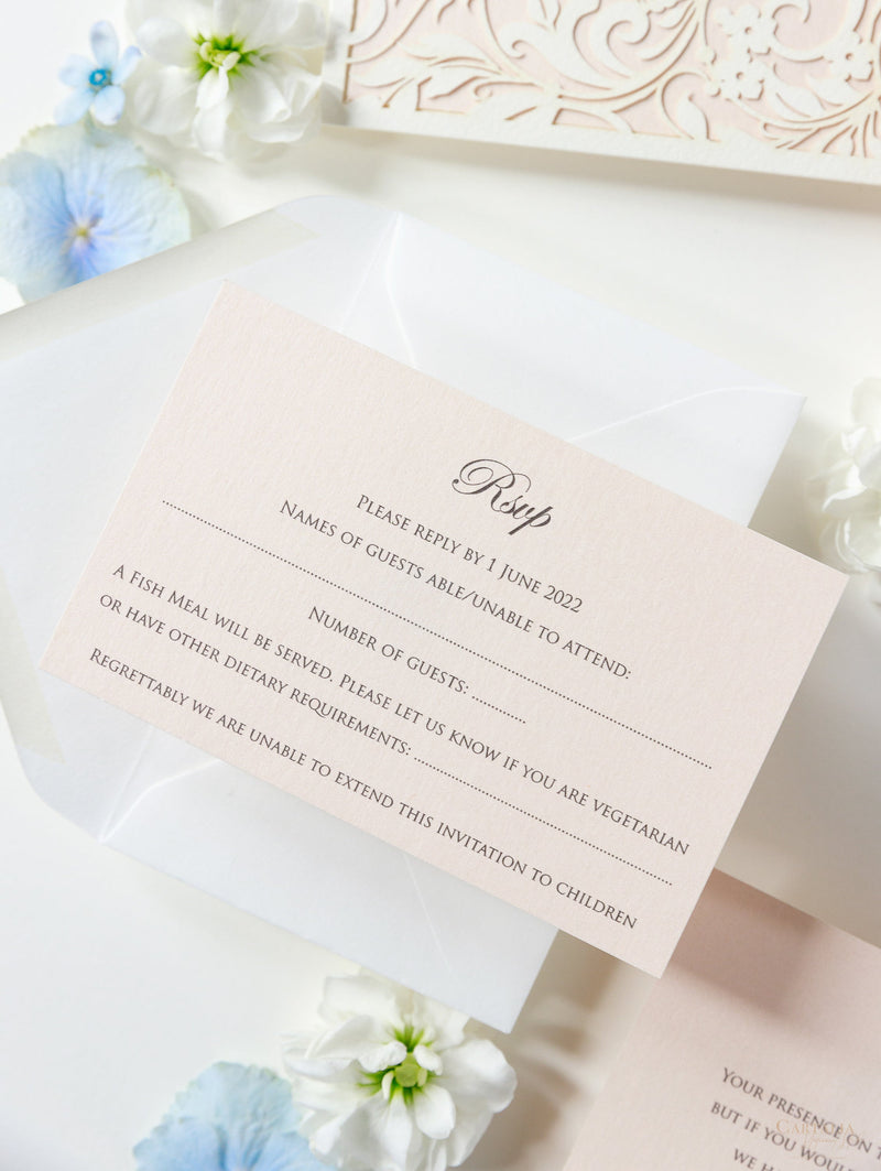 Magic Garden Butterfly Laser cut Pull out folder in Ivory and Blush Metallic Colours with Rsvp