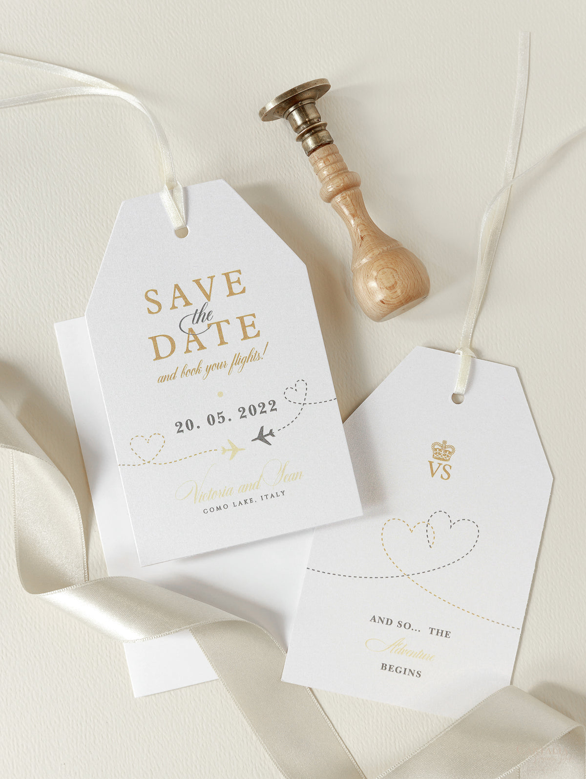 Champagne and Gold Passport Luggage Tag Save the Date Card Travel Destination Wedding