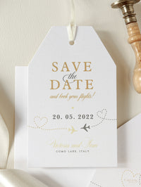 Champagne and Gold Passport Luggage Tag Save the Date Card Travel Destination Wedding