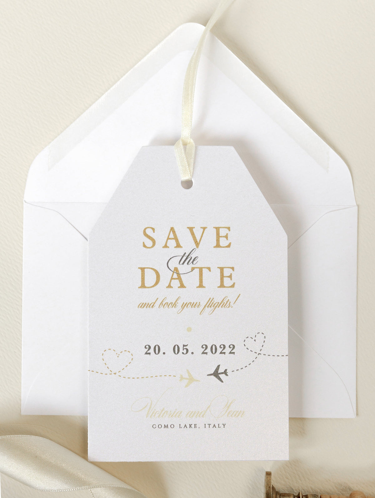 Champagne and Gold Passport Luggage Tag Save the Date Card Travel Destination Wedding