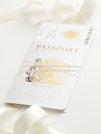 Green Passport Wedding Invitation with Shimmering Foil + Boarding Pass Style RSVP