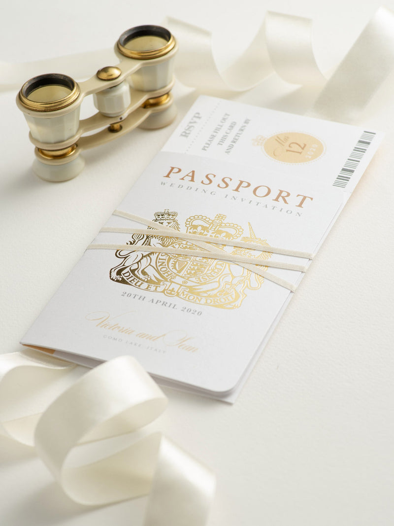 Luxury Passport Wedding Invitation in Champagne with Real Gold Foil Boarding Pass Invite suite
