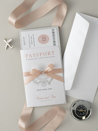 Invitación de boda tipo pasaporte con purpurina y lazo de lujo en lámina de plata auténtica con purpurina plateada