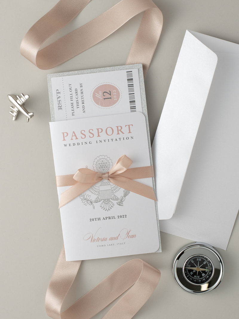 Luxury Glitter & Bow Passport Wedding Invitation in SilverGlitter Real Silver Foil