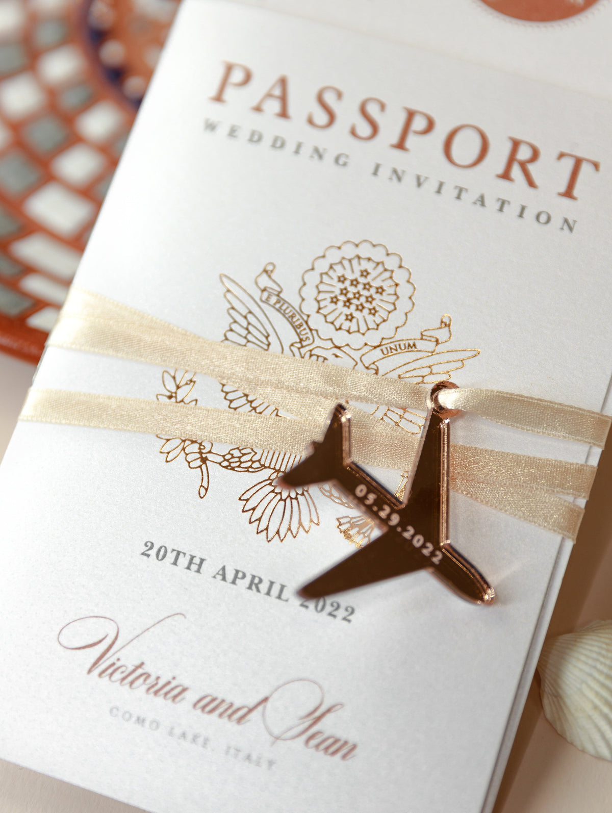 Rose Gold Luxury Passport Wedding Invitation with Real Foil Boarding Pass & Engraved Plane Invite suite