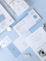 Dusty Blue & Gold Wedding Passport Invite FOLDER :  Luxury Wallet & Tag Passport Invitation