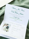 Sage Green Passport Wedding Invitation - Luxury Engraved Plane in Gold Plexi Passport & Real Gold Foil Destination Wedding