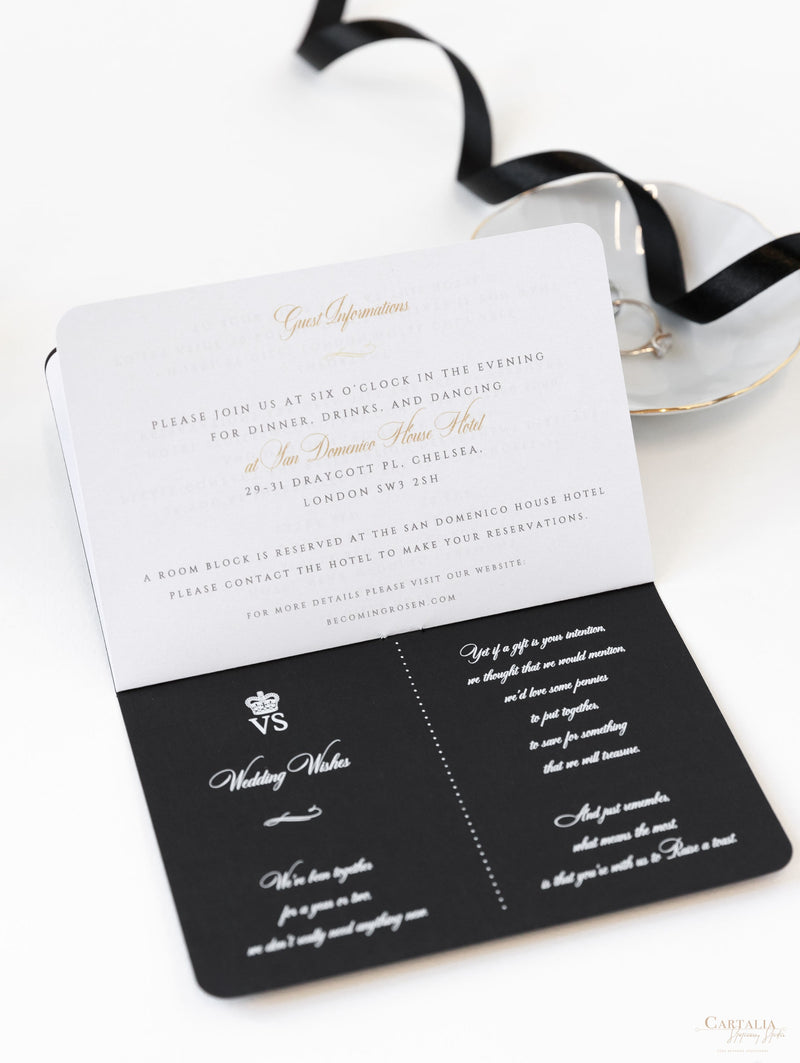 Cartera de viaje FOLDER blanca y negra: Suite de invitación para pasaporte de boda de lujo en bolsillo y etiqueta de espejo dorado