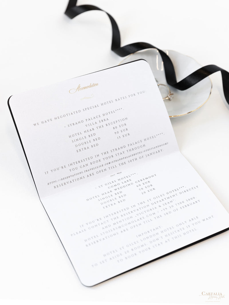 Cartera de viaje FOLDER blanca y negra: Suite de invitación para pasaporte de boda de lujo en bolsillo y etiqueta de espejo dorado