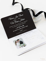 Cartera de viaje FOLDER blanca y negra: Suite de invitación para pasaporte de boda de lujo en bolsillo y etiqueta de espejo dorado